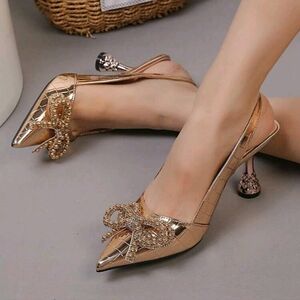 Women's Pointed Toe High Heel Pumps Decorated With Pearl Flowers And Open Back